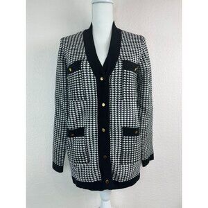 THML women's medium black white houndstooth cardigan sweater‎ gold buttons